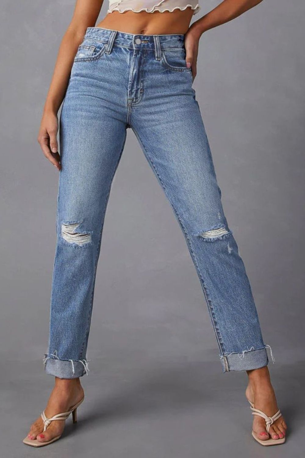Distressed Raw Hem Straight Jeans with Pockets Bottom wear