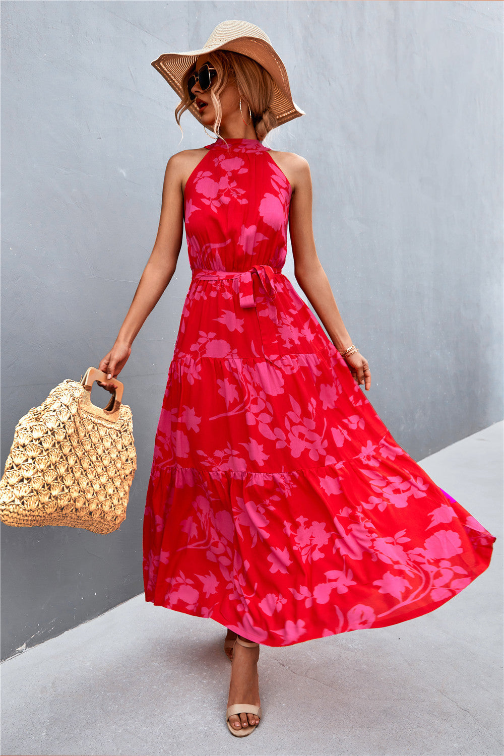 Printed Sleeveless Tie Waist Maxi Dress apparel & accessories