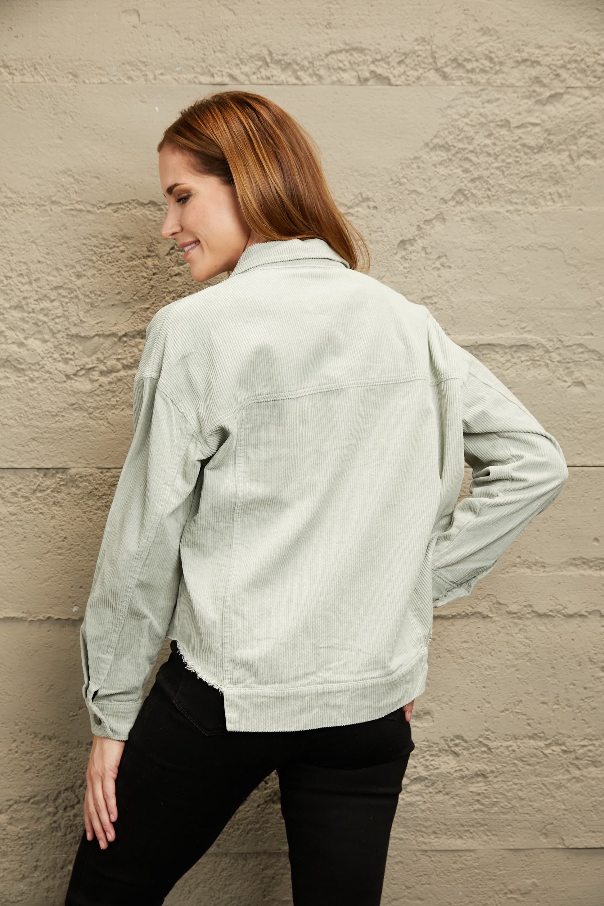 Double Take Raw Hem Button Down Corduroy Jacket with Pockets apparel & accessories