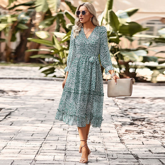 Elegant V-neck 3/4 Sleeve Tie-shoulder Floral Dress apparel & accessories