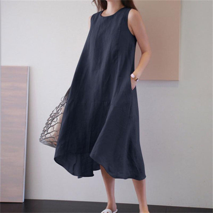 Round Neck Dress Sleeveless Plus Size Loose Solid Color Long Large Hem Vest Cotton Linen Dress apparel & accessories