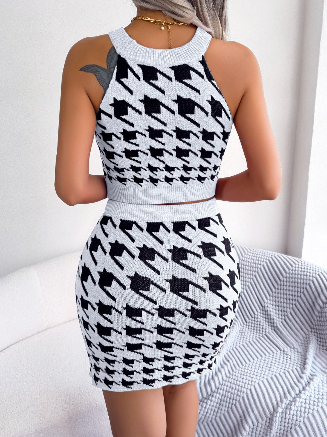 Houndstooth Sleeveless Top and Skirt Sweater Set apparel & accessories