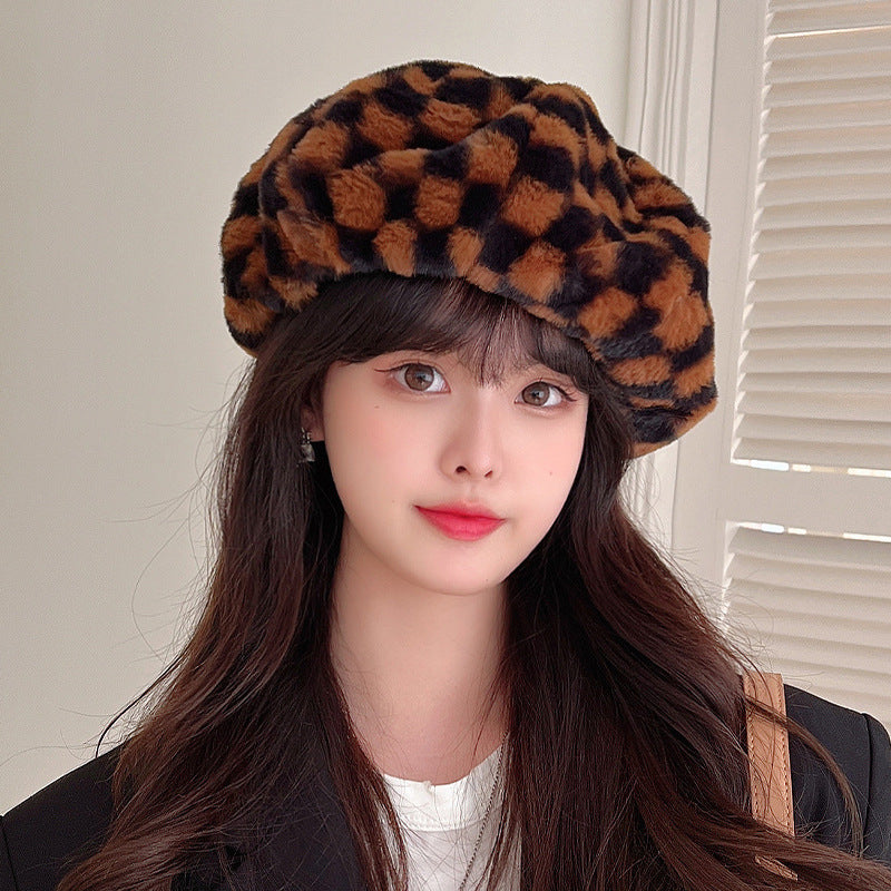 Versatile Warm Checkerboard Plush Beret scarves, Shawls & Hats