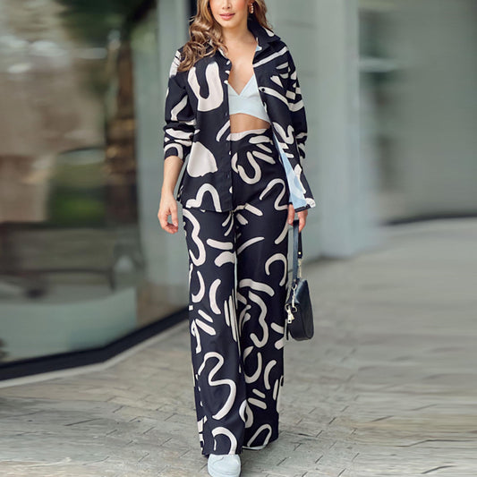 Long Sleeve Printed Shirt High Waist Trousers Suit apparel & accessories