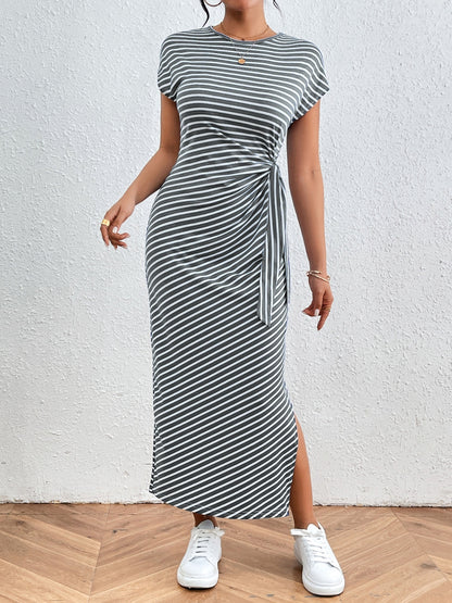 Tied Striped Round Neck Short Sleeve Tee Dress Dresses & Tops