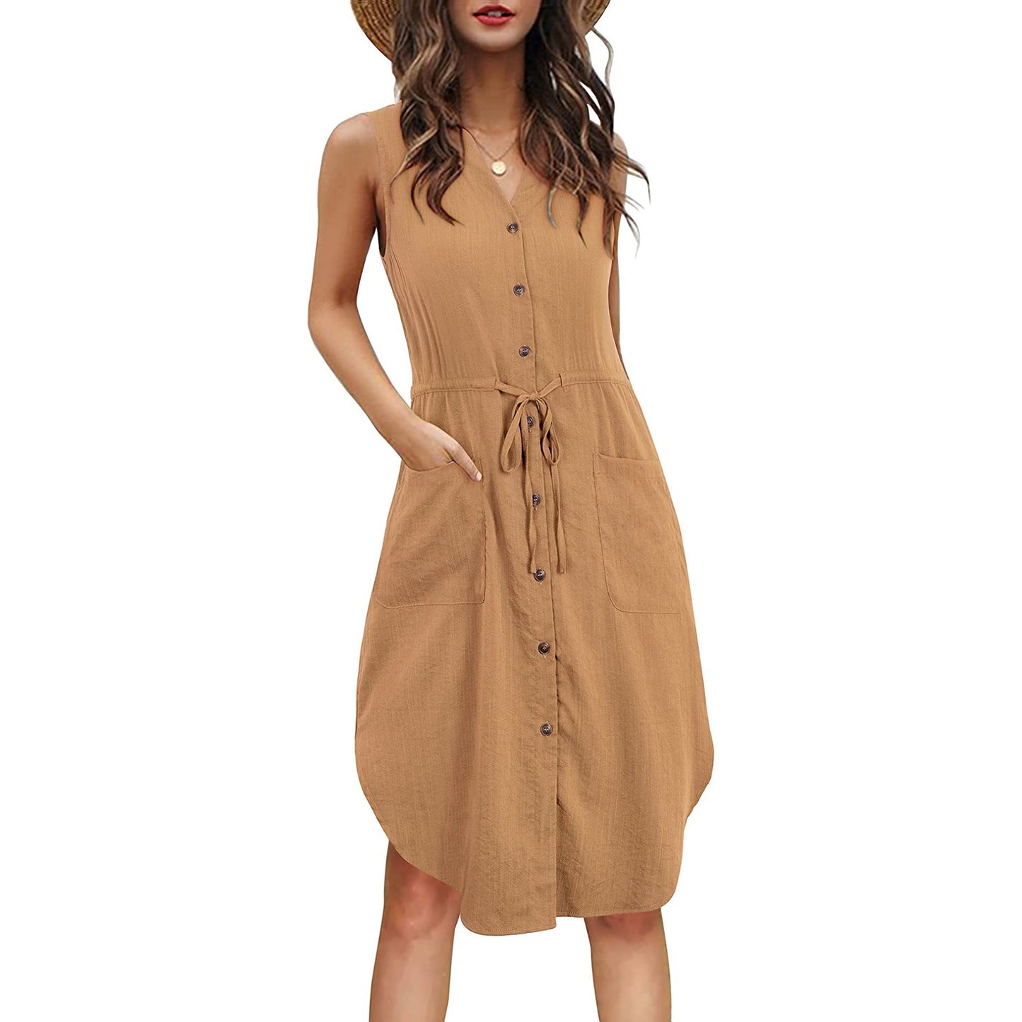 Sleeveless V-neck Buttoned Dress With Pockets Fashion Casual Waist Tie Design Summer Dress Womens Clothing apparels & accessories