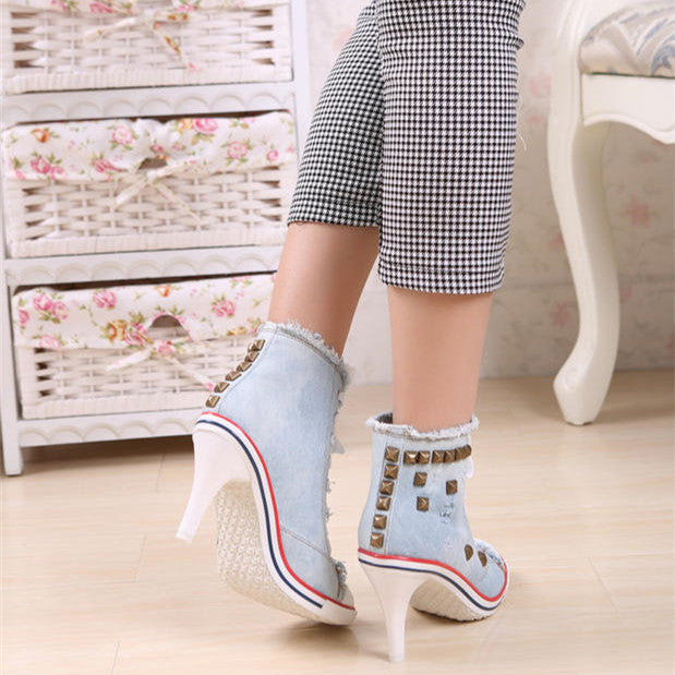 Round Toe Women's Shoes Denim High Heels Shoes & Bags