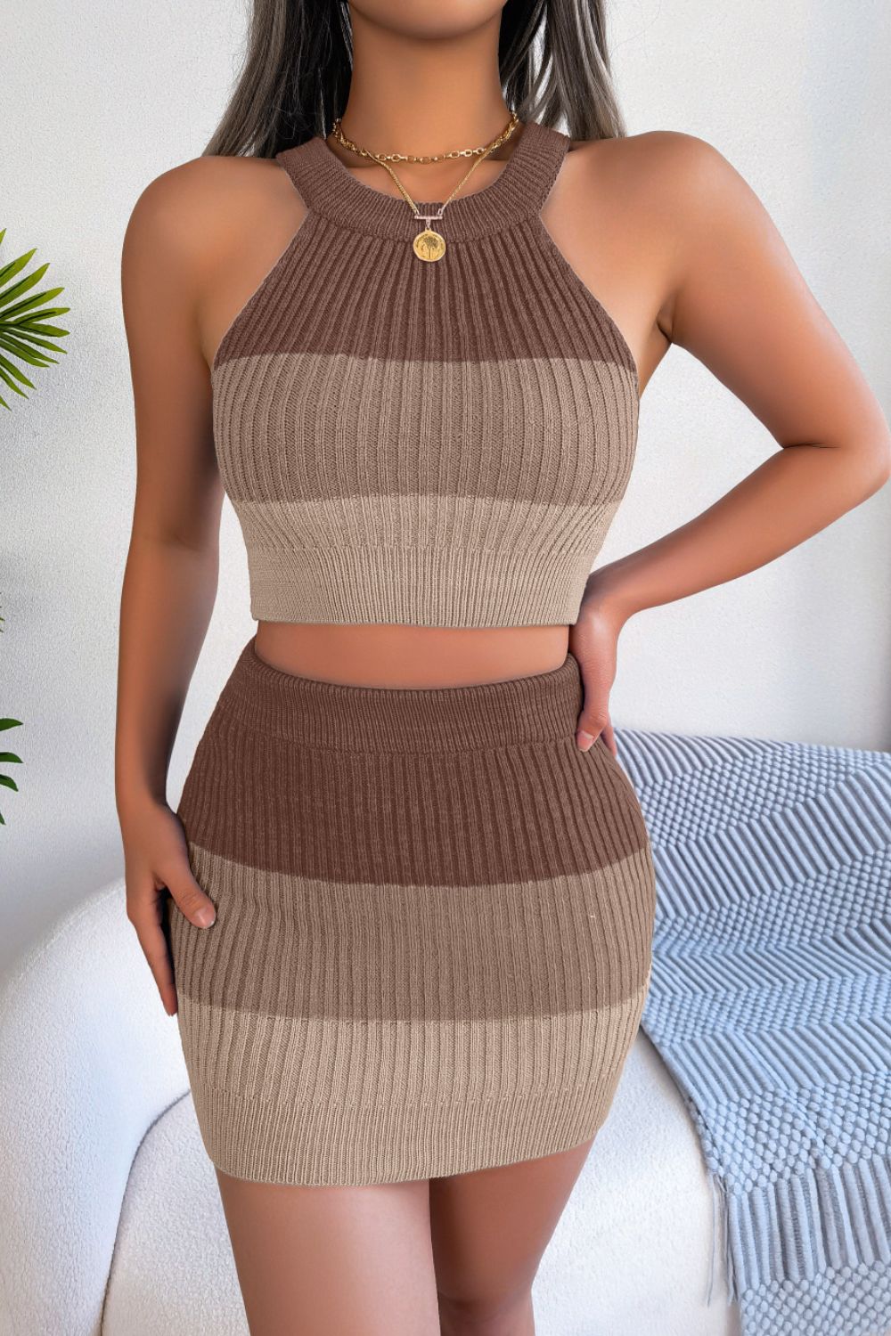 Color Block Sleeveless Crop Knit Top and Skirt Set apparel & accessories