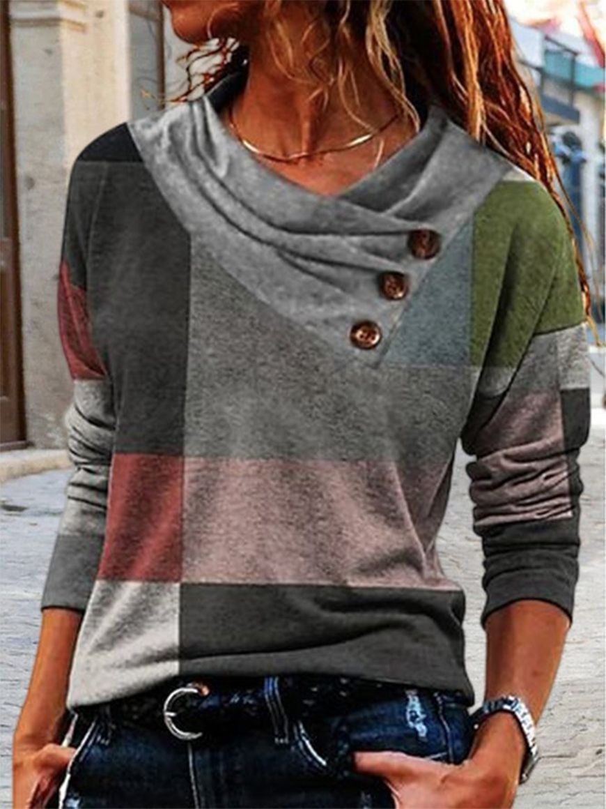 Stripe Positioning Print Button Discount V-Neck Pullover Fashion Autumn Winter Top apparels & accessories