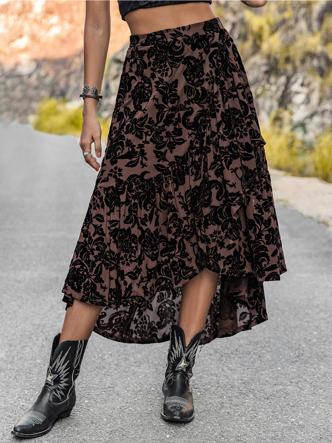 Printed Ruffled Midi Skirt apparel & accessories