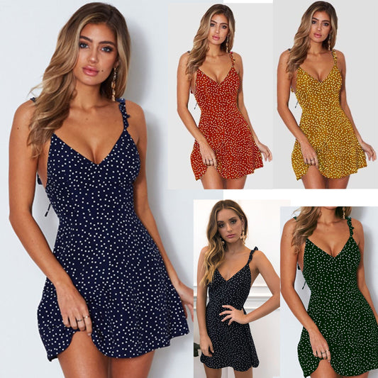 Polka-dot Strappy Dress Women Summer Fashion Beach Sundress apparels & accessories
