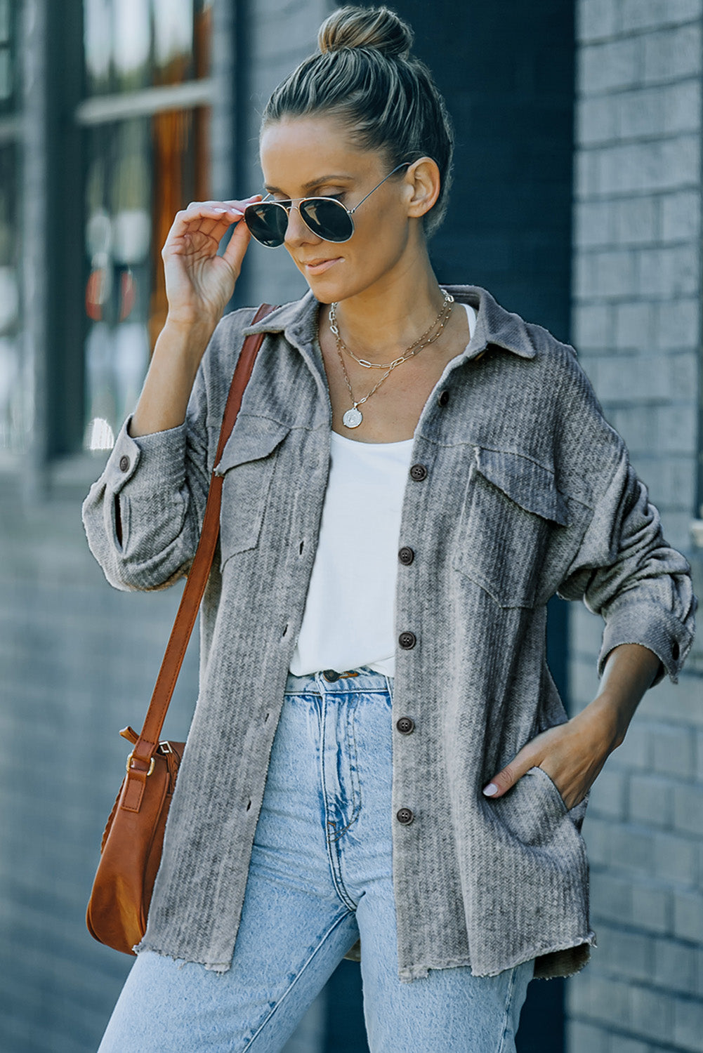 Textured Button Down Shirt Jacket with Pockets apparel & accessories