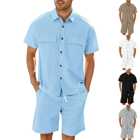 Summer Suits Men Short Sleeve Lapel Pockets Shirt And Drawstring Shorts Sports Fashion Leisure Men's Clothing apparel & accessories
