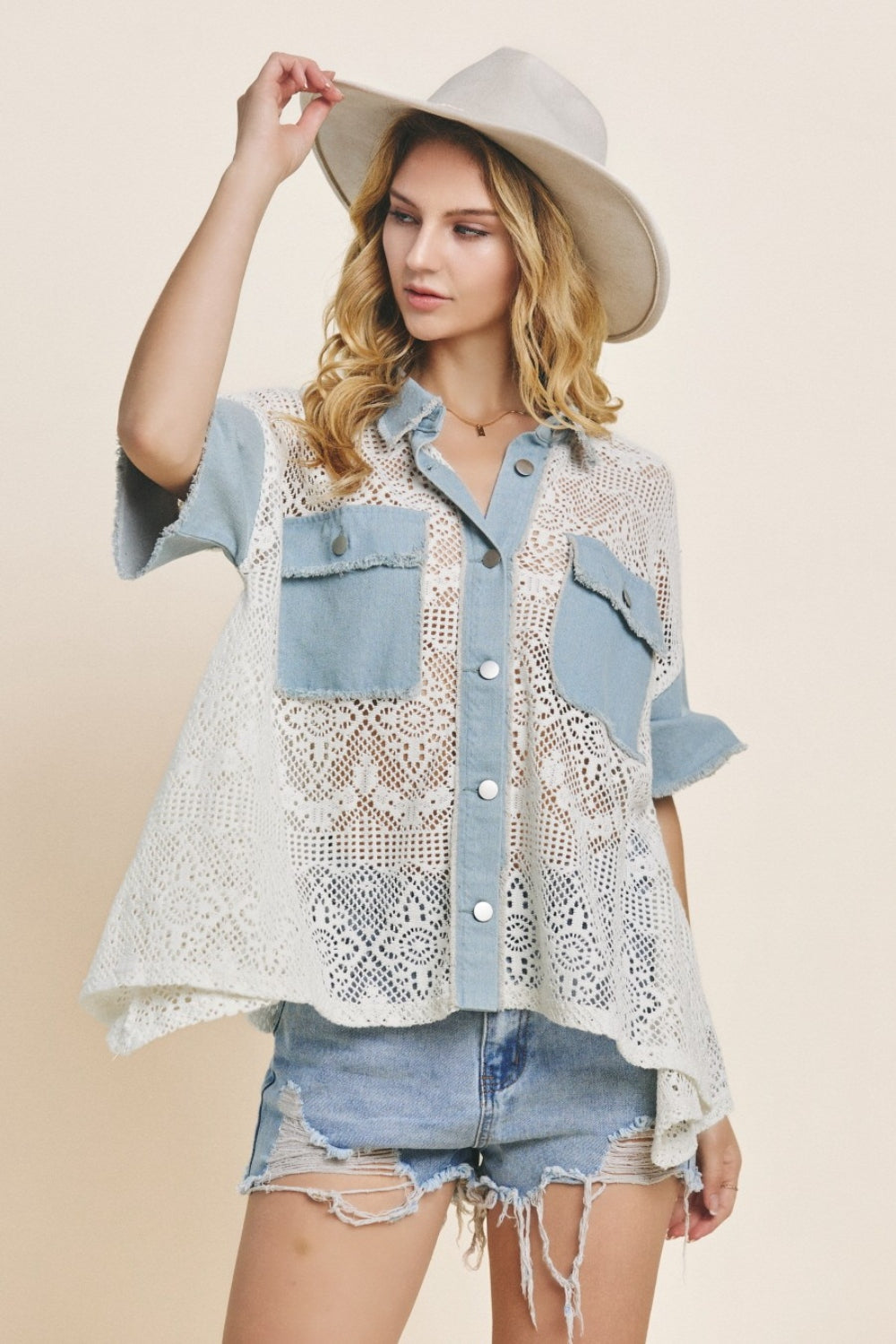 ODDI Button Up Short Sleeve Lace Shirt Dresses & Tops