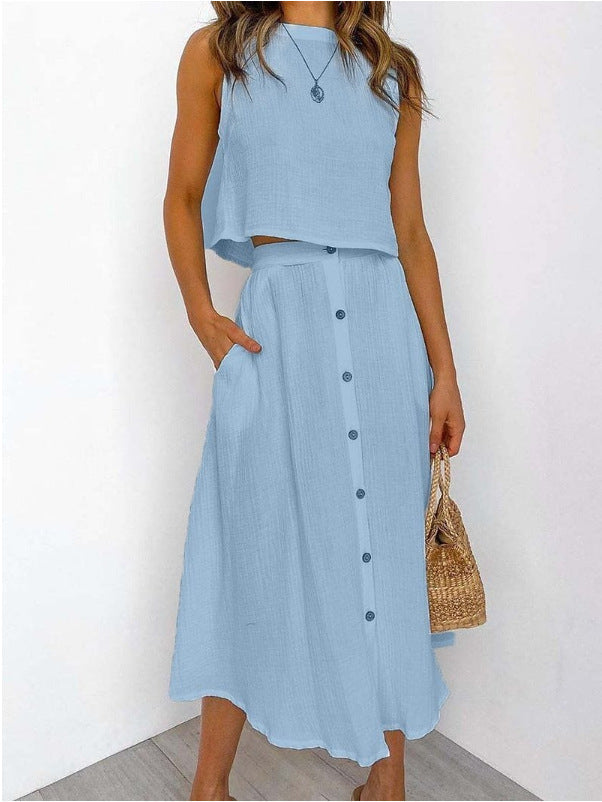 Simple Round Neck Vest Shirt Mid-length Dress Two-piece Suit apparels & accessories