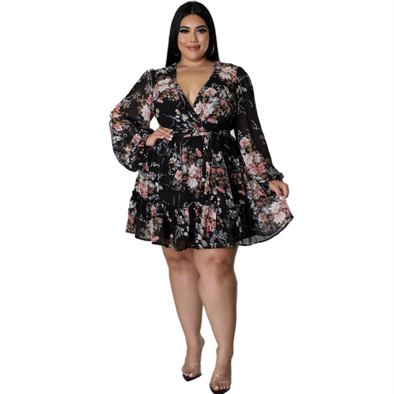 Plus Size Women Flower Print ChiffonV Neck Out Long Sleeve Dress Dresses & Tops