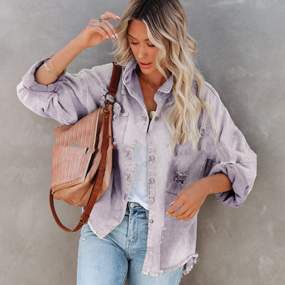 Women's Mid-length Raw Hem Ripped Denim Coat apparel & accessories