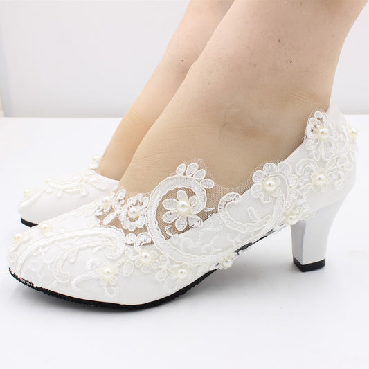 Lace High Wedding Shoes With White Low Heels Shoes & Bags