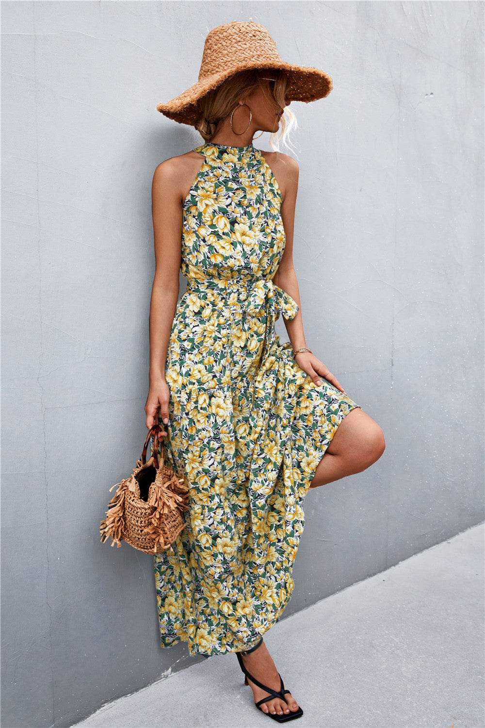 Printed Sleeveless Tie Waist Maxi Dress apparel & accessories