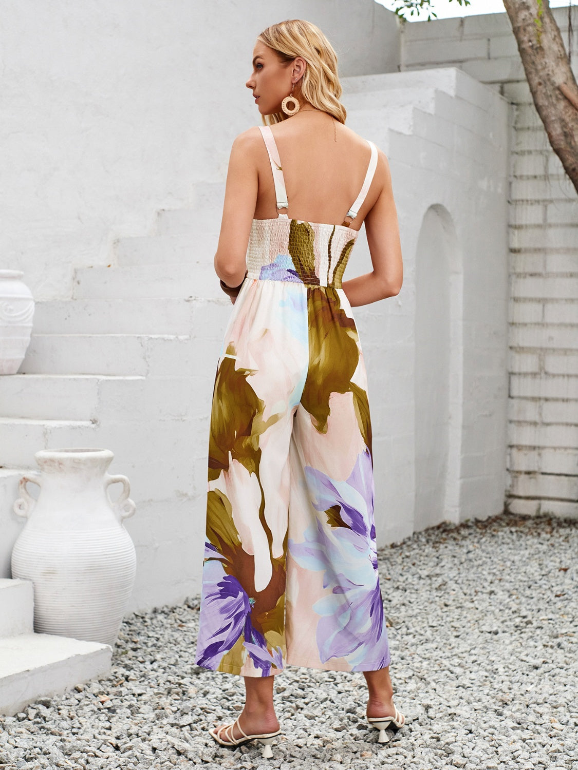 Cutout Printed Wide Strap Jumpsuit Dresses & Tops