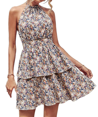 Printed Halter Backless Ruffled A-Line Beach Dress apparels & accessories