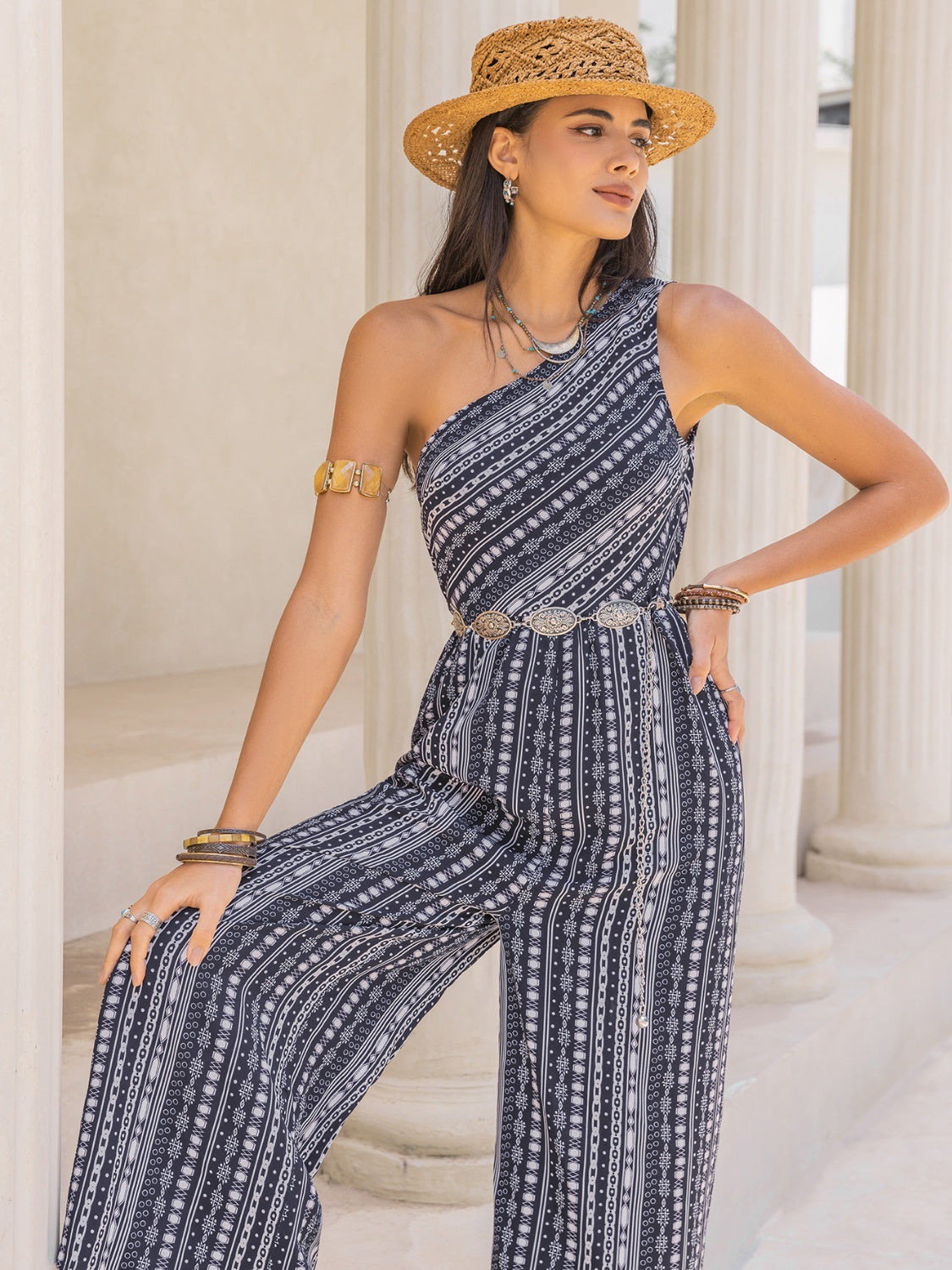 Printed Single Shoulder Sleeveless Jumpsuit Dresses & Tops