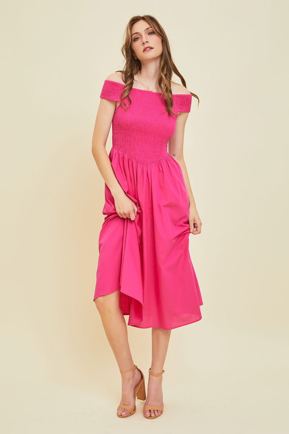 HEYSON Off-Shoulder Smocked Midi Dress Dresses & Tops