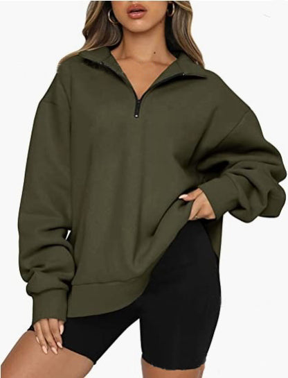 Women Sweatshirts Zip Turndown Collar Loose Casual Tops apparels & accessories