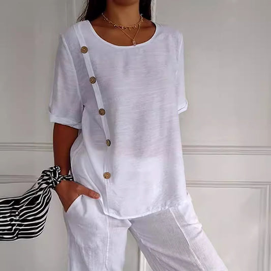 Casual Cotton And Linen Style Shirt Single Row Button Top Women's European And American apparel & accessories