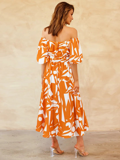 Printed Off-Shoulder Balloon Sleeve Dress apparel & accessories