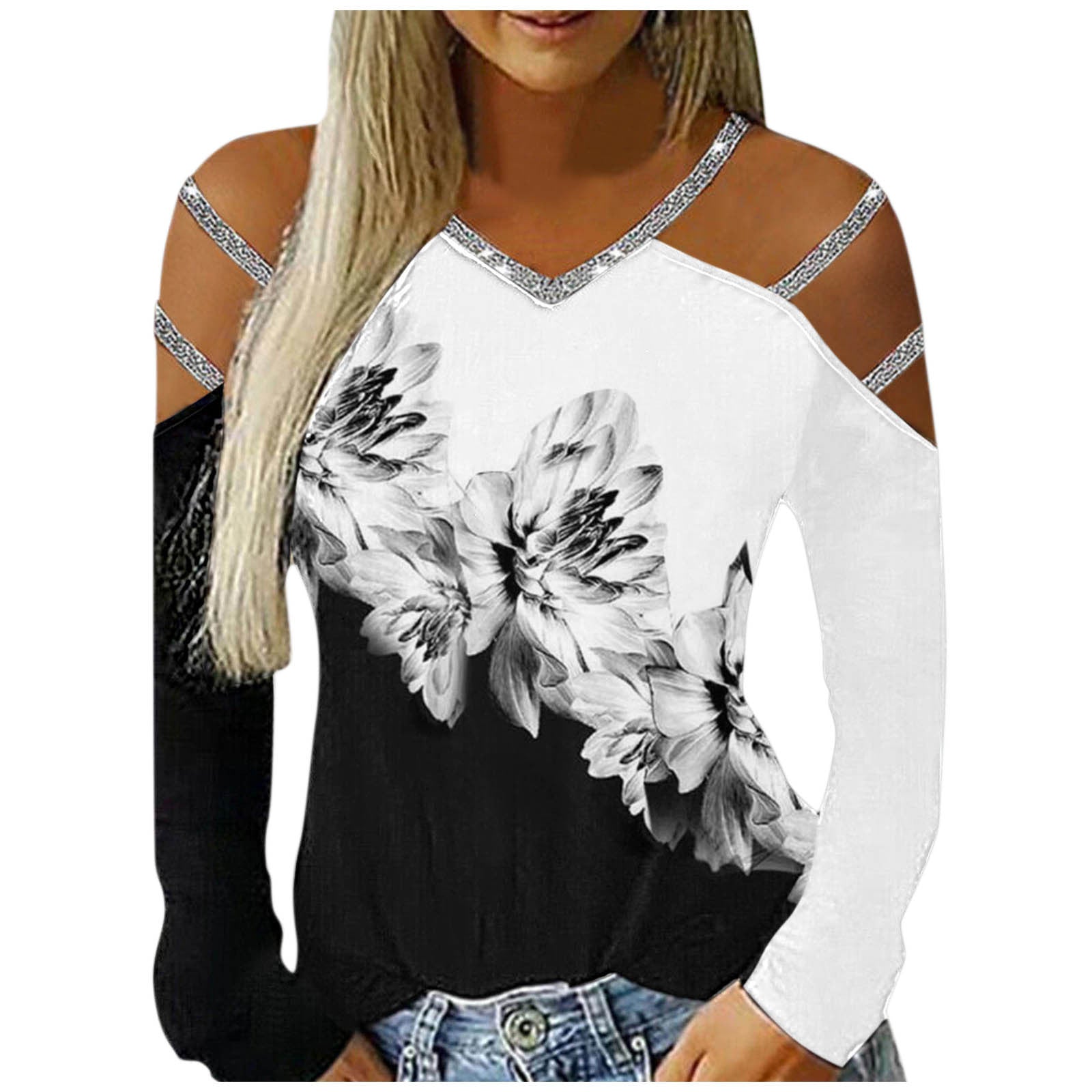 Ladies Casual V-Neck Printed Cutout Off Shoulder Long Sleeve T-Shirt apparels & accessories