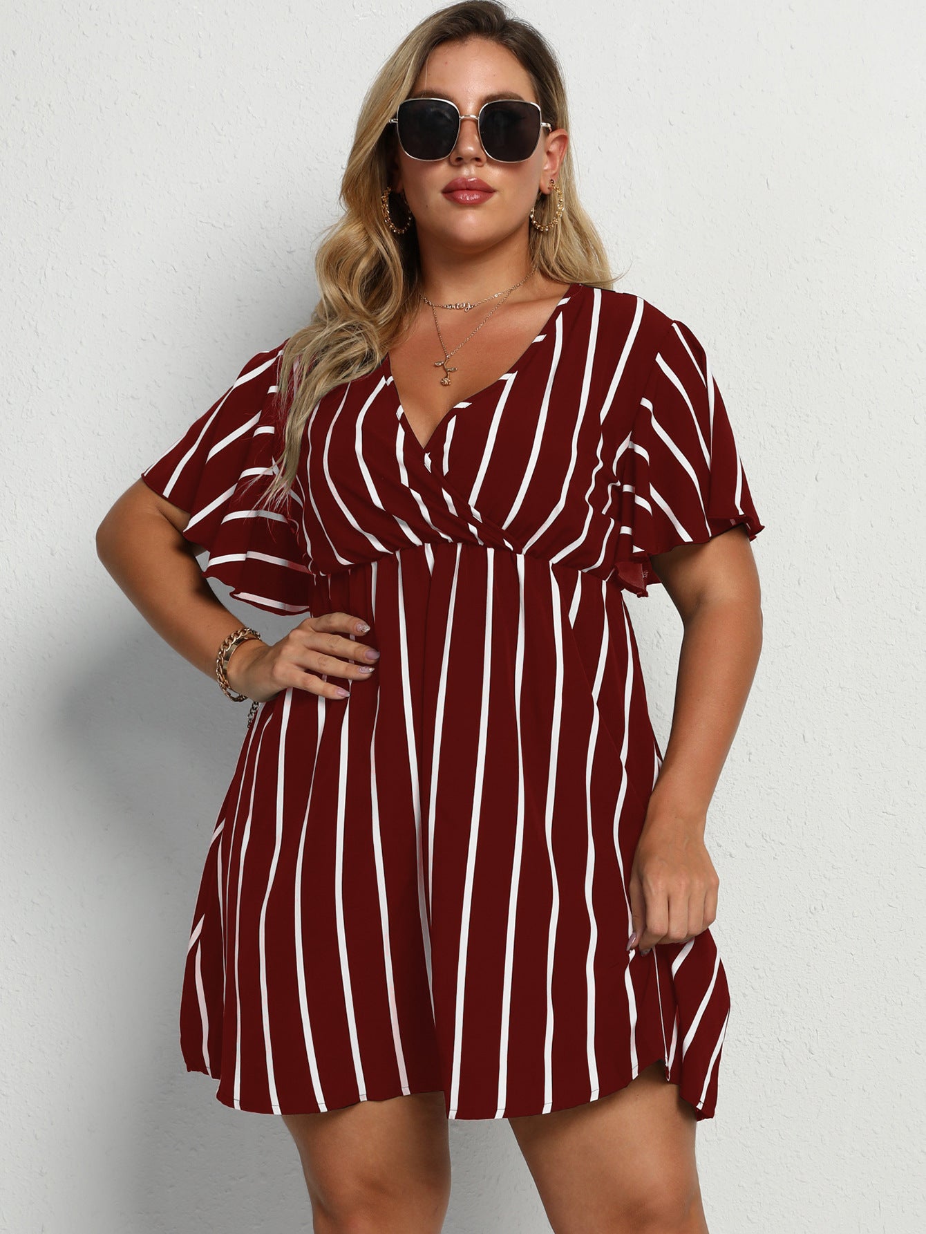 Plus Size Women's Loose V-Neck Patchwork Striped Dress Dresses & Tops