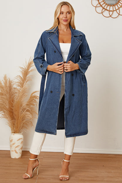 Double-Breasted Belted Longline Denim Jacket Dresses & Tops