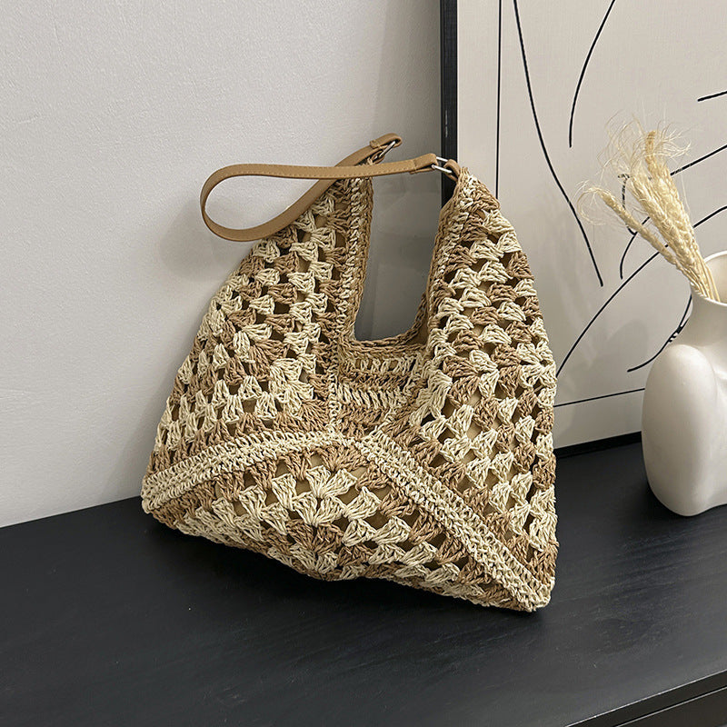 Women's Fashion Handmade Straw Woven Hollow Contrast Color Weave Shoulder Bag apparels & accessories