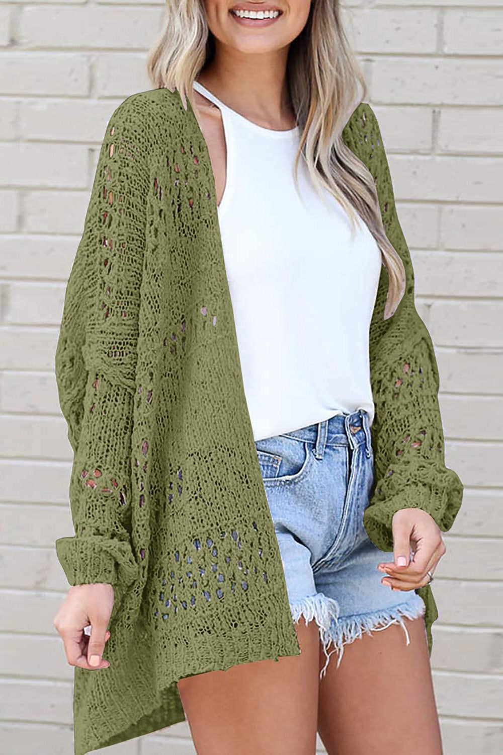 Openwork Open Front Long Sleeve Cardigan apparel & accessories