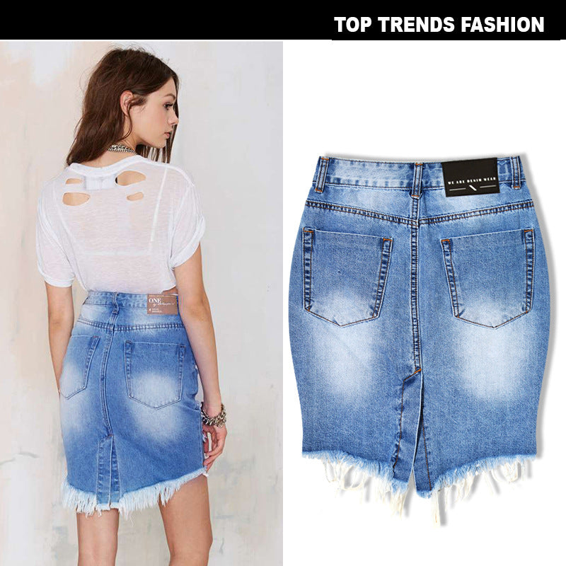 women's high waist slim hole ladies denim bag hip skirt irregular sexy hem tail after split apparel & accessories