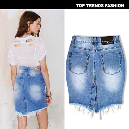 women's high waist slim hole ladies denim bag hip skirt irregular sexy hem tail after split apparel & accessories