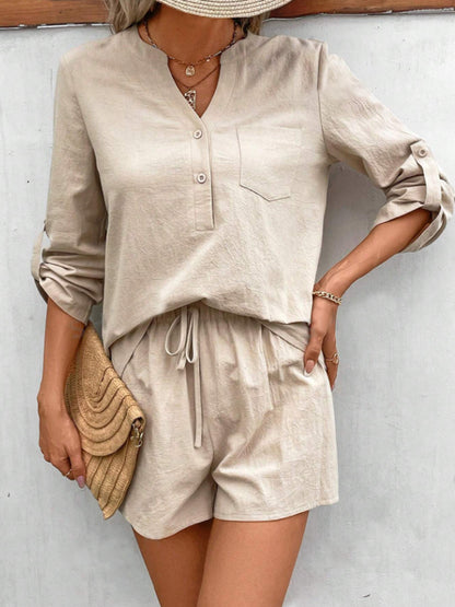 Notched Long Sleeve Top and Shorts Set apparel & accessories