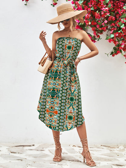 Printed Strapless Tie Belt Dress apparel & accessories