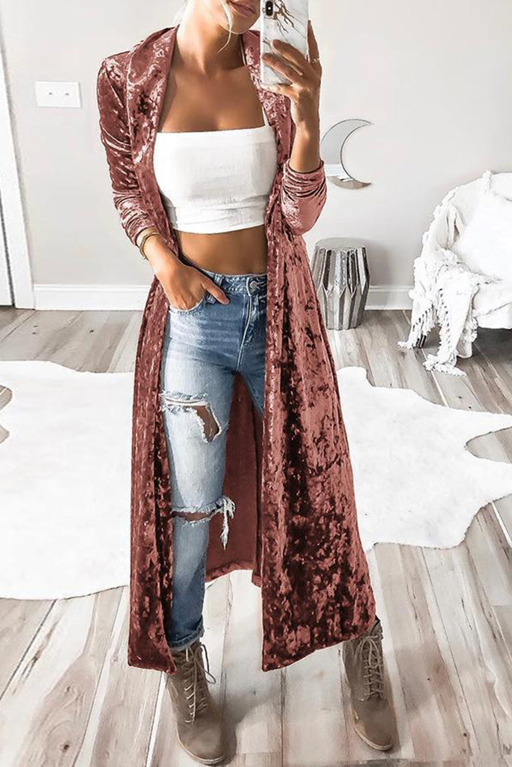 Open Front Long Sleeve Longline Velvet Cardigan apparel & accessories