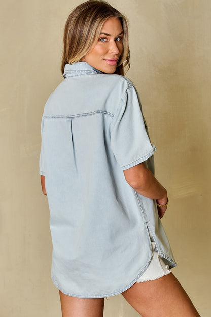 Slit Snap Down Short Sleeve Denim Top Dresses & Tops