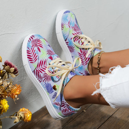 Canvas Shoes For Women Lace-Up Flats Leaves Print Shoes & Bags