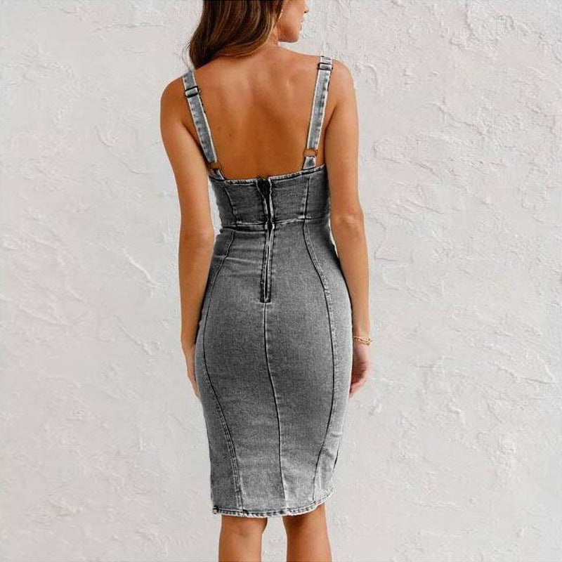 U-neck Suspender Denim Dress Summer Casual Tight Slim Fit Dresses With Slit Design Womens Clothing apparel & accessories