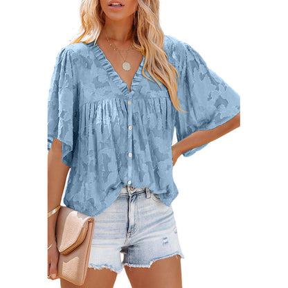 V-neck Cardigan Five-point Mid-sleeve Chiffon Shirt Print Top apparels & accessories