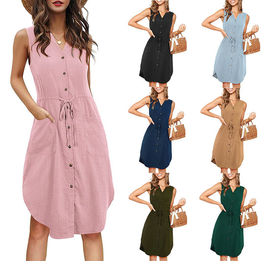 Sleeveless V-neck Buttoned Dress With Pockets Fashion Casual Waist Tie Design Summer Dress Womens Clothing apparels & accessories