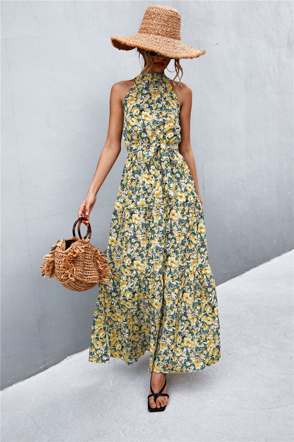 Printed Sleeveless Tie Waist Maxi Dress apparel & accessories