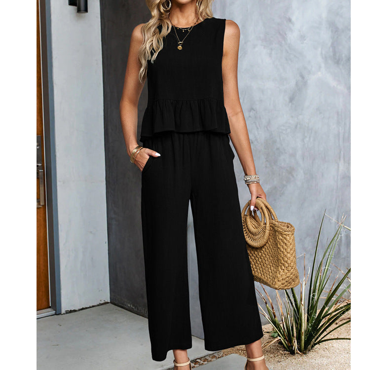 Women's Sleeveless Shirt Wide Leg Cropped Pants Set apparels & accessories