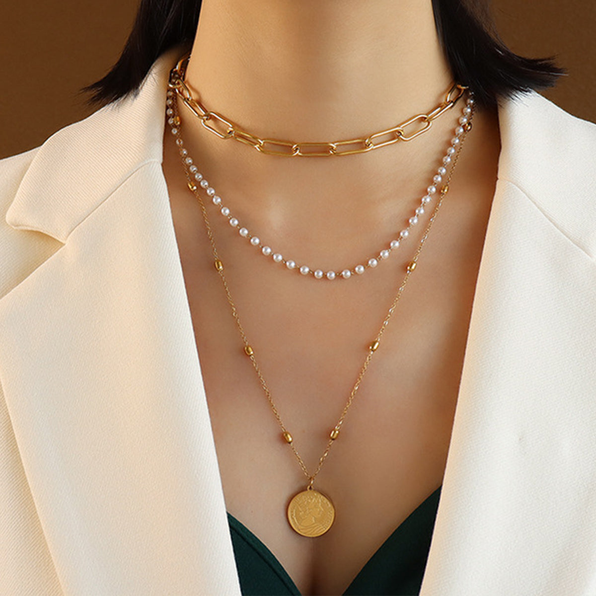 Synthetic Pearl Titanium Steel Three-Layered Necklace apparel & accessories