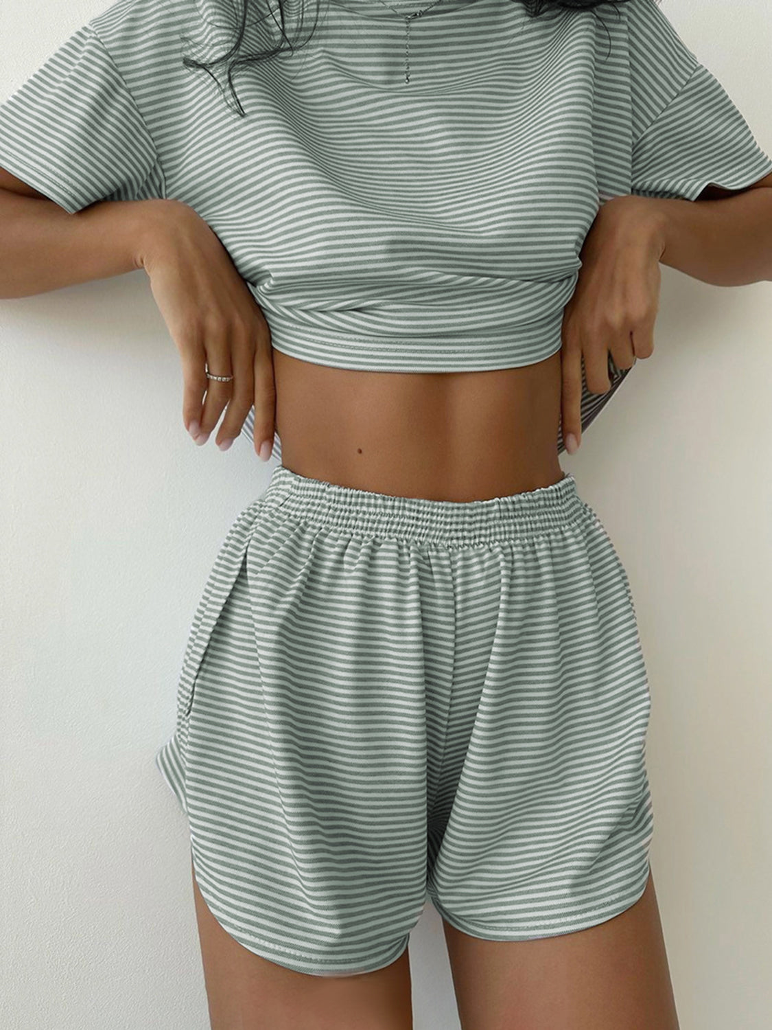 Striped Round Neck Top and Shorts Set Bottom wear