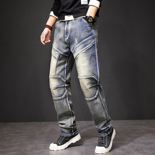 Men's Multi Pocket Workwear Distressed Yellow Jeans men's clothing